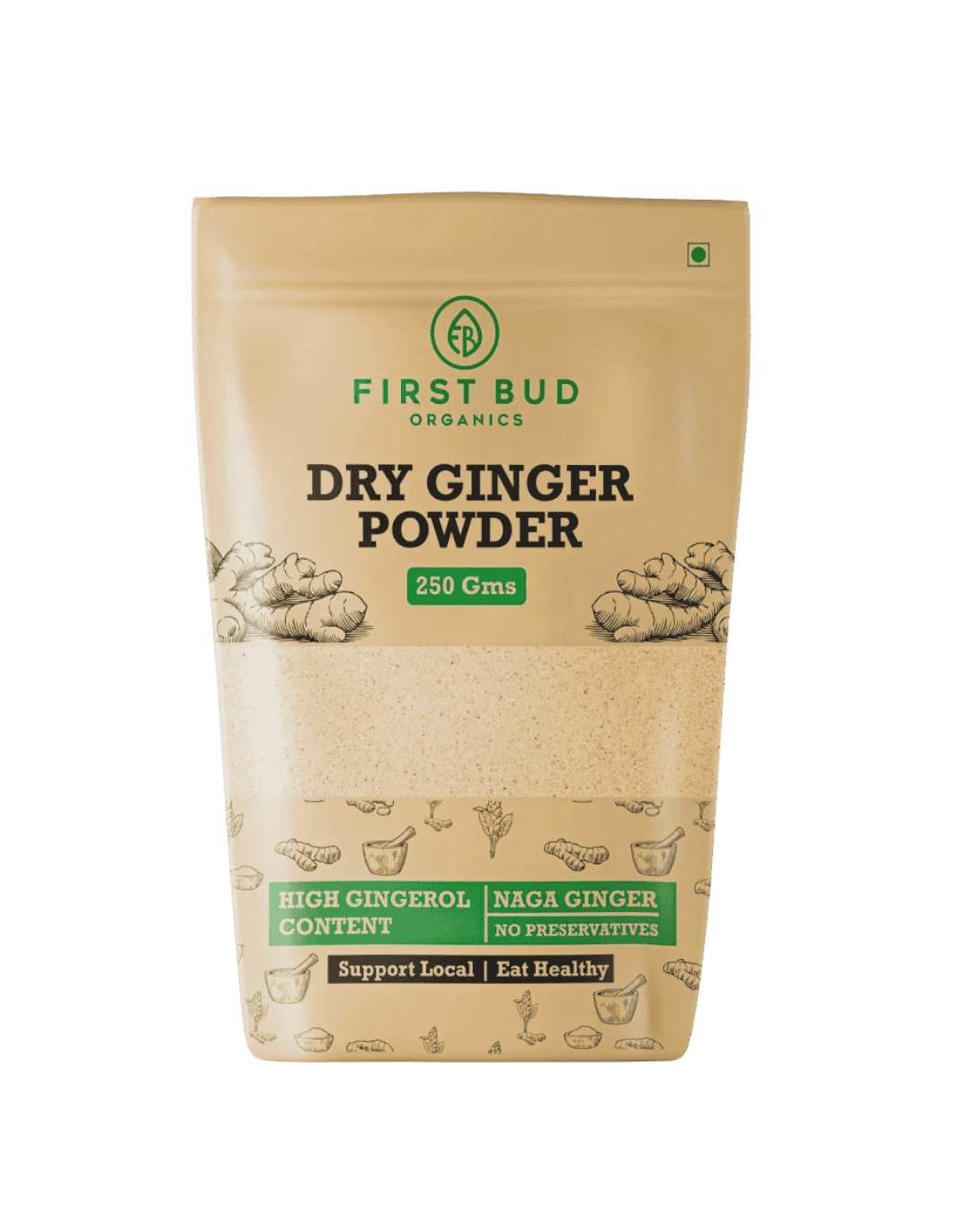 Package of First Bud Organics Dry Ginger Powder on a green background