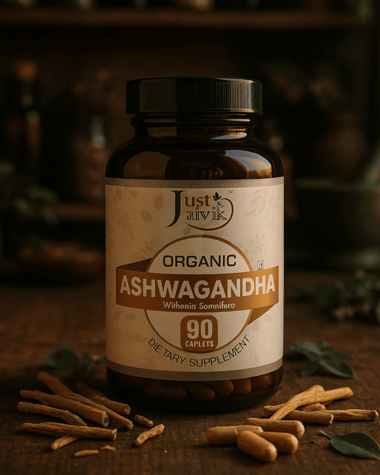 Organic Ashwagandha Tablets - 750mg, 90 caplets, dietary supplement, Withania somnifera.