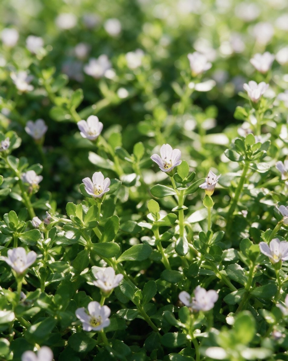 Close-up of a dense patch of Bacopa monnieri growing together in a sunny outdoor setting.