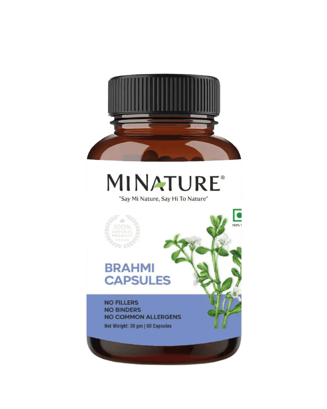 Bottle of Minature Brahmi Capsules on a white background