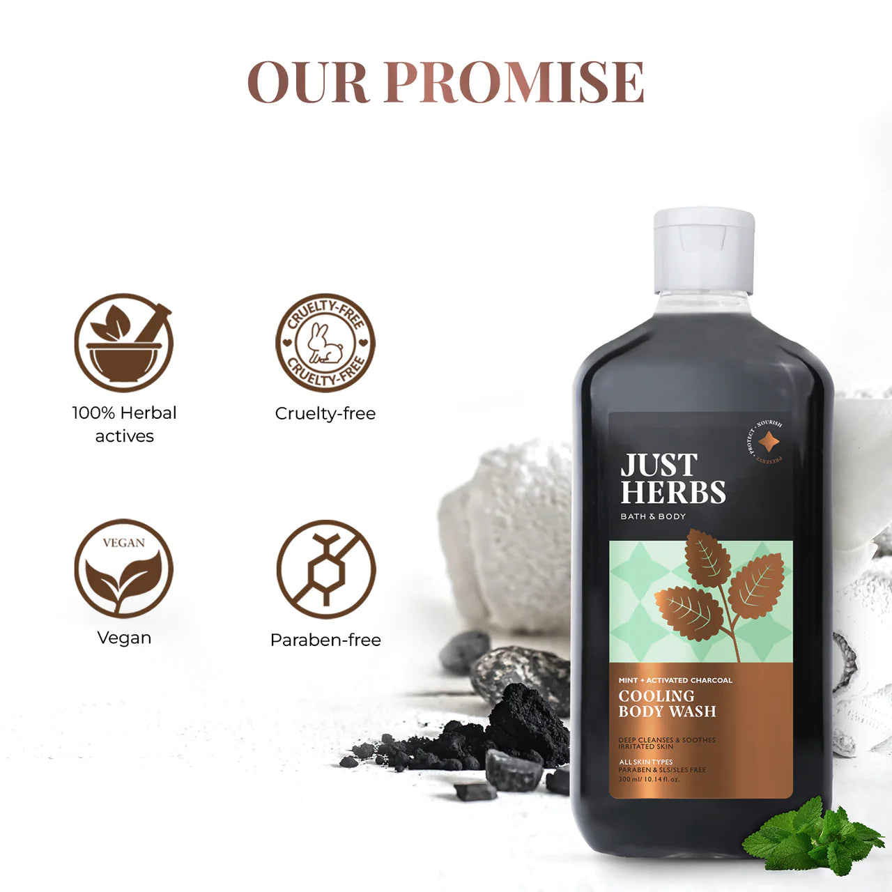 Mint Cooling Body Wash, Activated Charcoal, Just Herbs, Ayurveda Store NZ