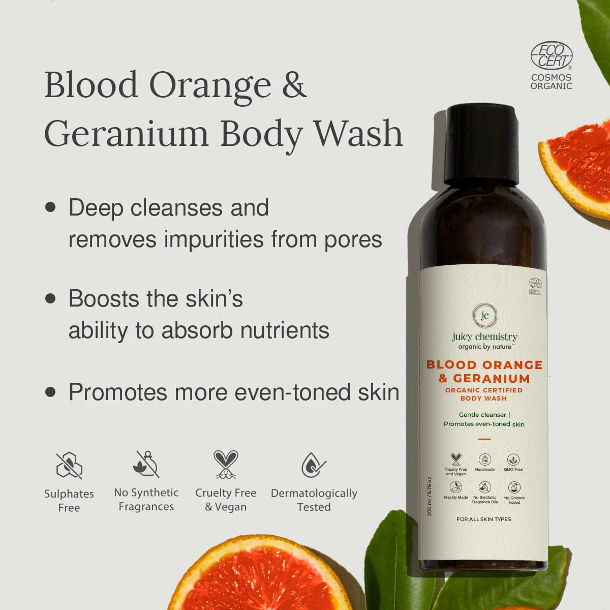 Blood Orange And Geranium Body Wash, Juicy Chemistry, Ayurveda Store NZ