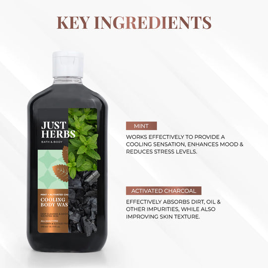 Mint Cooling Body Wash, Activated Charcoal, Just Herbs, Ayurveda Store NZ