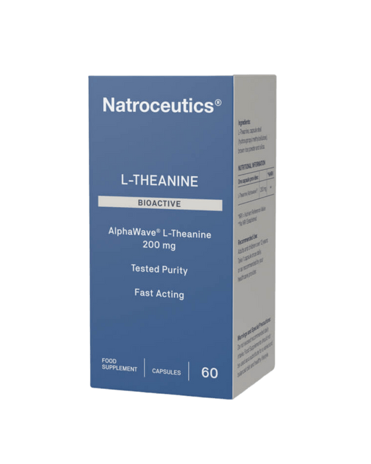 Natroceuticals L-Theanine supplement packaging on a green background
