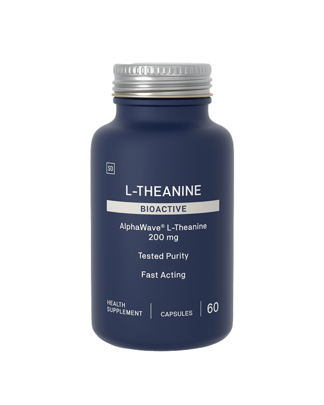 Blue bottle of L-Theanine supplement with white label on a green background