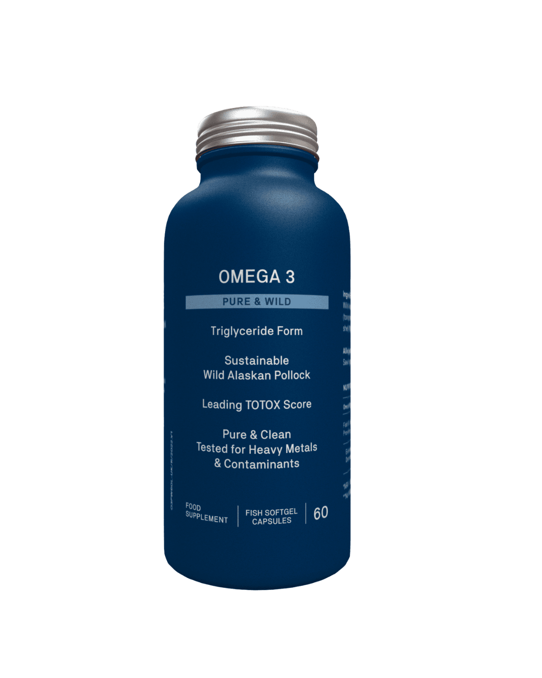 Omega 3 supplement bottle with white label on a transparent background