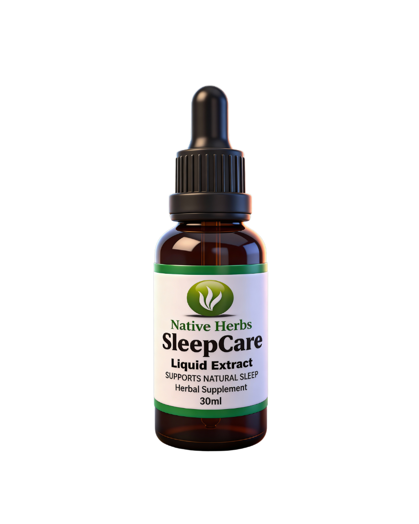 Bottle of Native Herbs SleepCare Liquid Extract on a white background