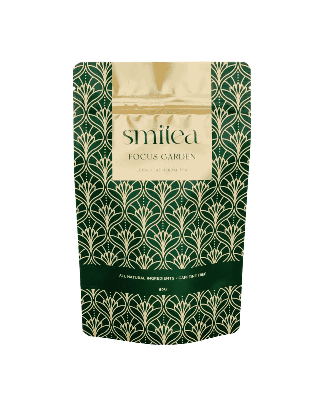 Green and gold package of smitea Focus Garden tea on a green background
