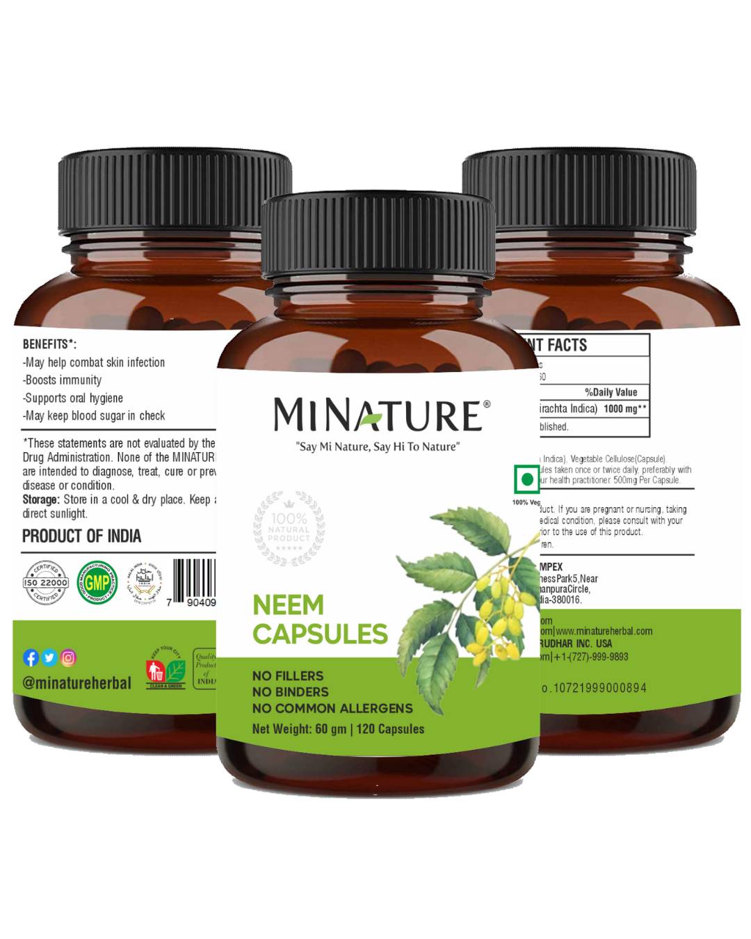 100% Natural Neem Capsules 60 Veg Caps | 500mg