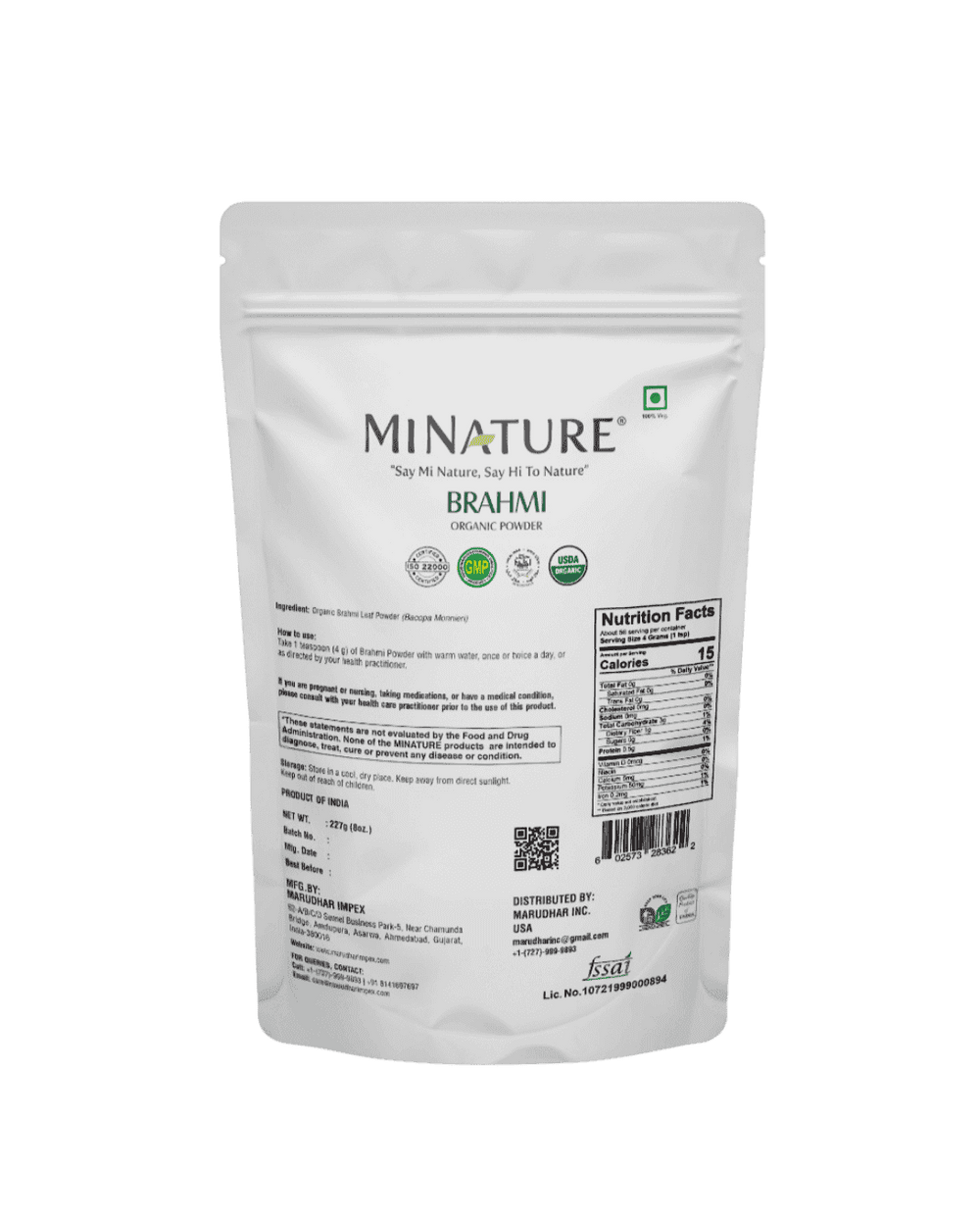 Organic Brahmi Powder 227 g - USDA Certified (Bacopa Monnieri)