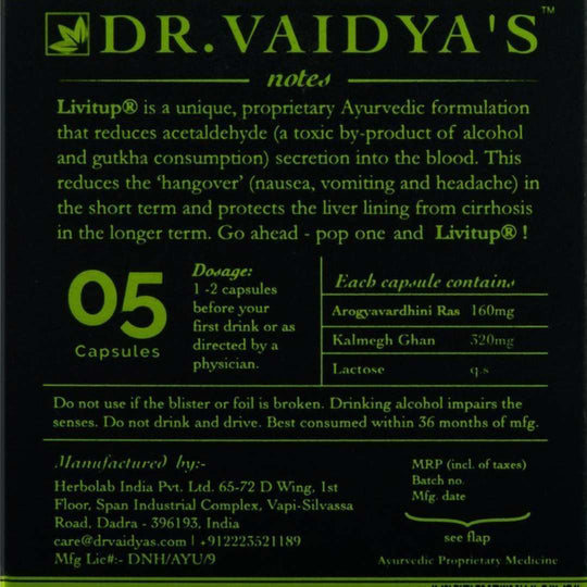 Livitup Hangover Shield, Dr Vaidya's, Ayurveda Store NZ, Arogyavardhini Rasa, Kalmegh Ghan