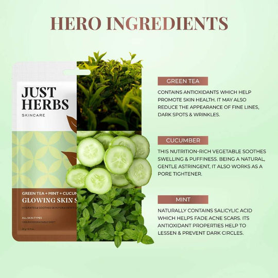 Just Herbs, Ayurveda Store NZ, Green Tea, MInt, Cucumber, Niacinamide, Sheet Mask