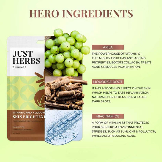 Just Herbs, Vitamin C + Liquorice Root, Ayurevda Store NZ, Amla, Niacinamide, Sheet Mask